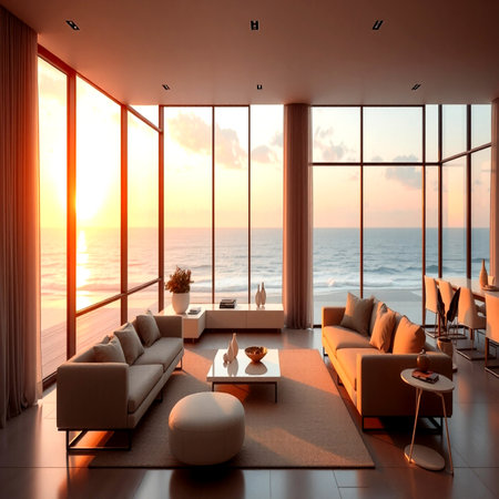 3d render of modern living room with sea view and orange sofaの写真素材
