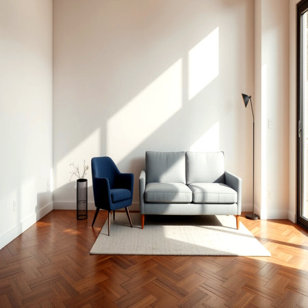 Interior of modern living room with a white sofa and a blue armchairの写真素材