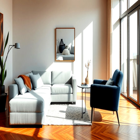 interior of modern bright living room with white walls, wooden floor, comfortable sofa and armchairの写真素材