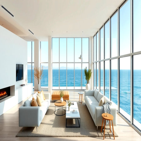 interior of modern living room with sea view, 3d renderの写真素材