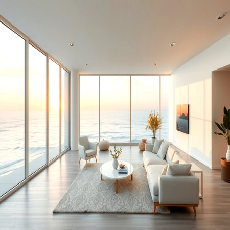 Interior of modern living room with sea view, sofa and coffee tableの写真素材