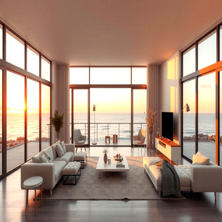 Luxury living room interior design with sea view. 3D renderingの写真素材