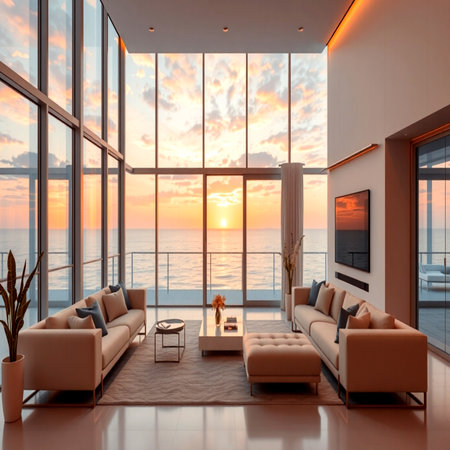 Modern living room with panoramic window overlooking the sea. 3d renderingの写真素材