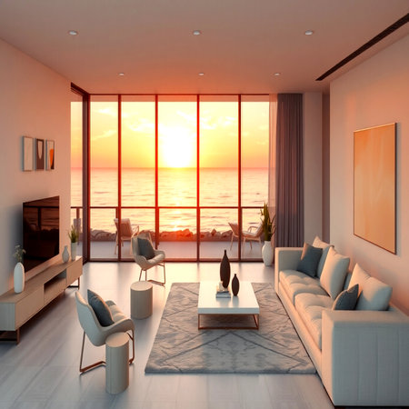 Modern living room interior design with sea view. 3D render.の写真素材