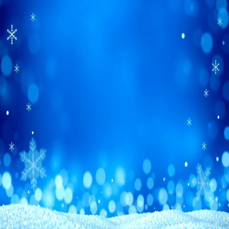Christmas background with snowflakes and bokeh lights on blue backgroundの写真素材