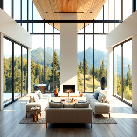 Interior of modern living room with white walls, wooden floor, panoramic window and mountain view. 3d renderingの写真素材