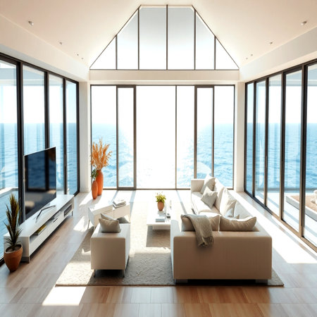 interior of modern house, living room with sea view. 3d renderingの写真素材