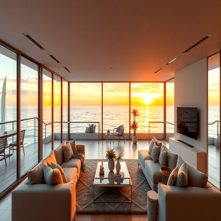 Luxury living room with sea view. 3d rendering.の写真素材