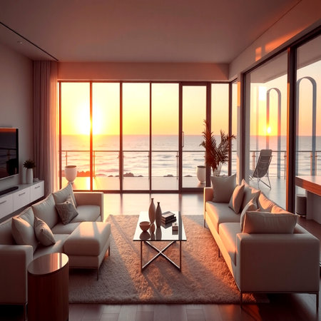 Luxury living room with sea view. 3d render.の写真素材