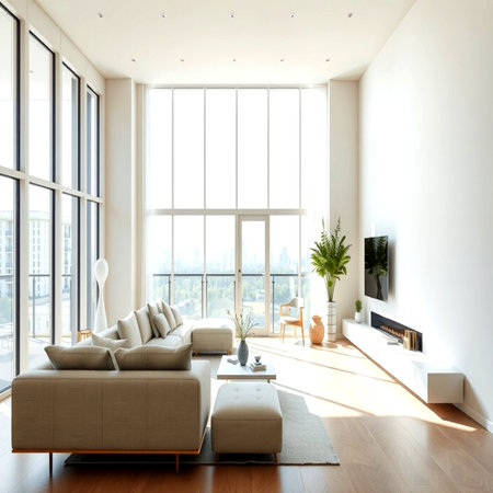 modern bright interiors apartment living room 3D rendering computer generated imageの写真素材