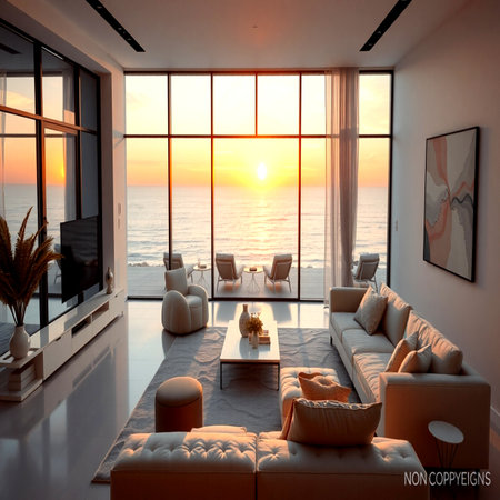 Luxury living room with sea view. 3d rendering.の写真素材