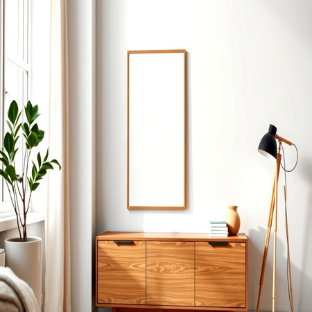 Mock up poster frame in interior background, Scandinavian style, 3D render
