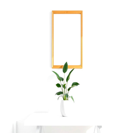 Wooden frame mockup with green plant in pot on white table