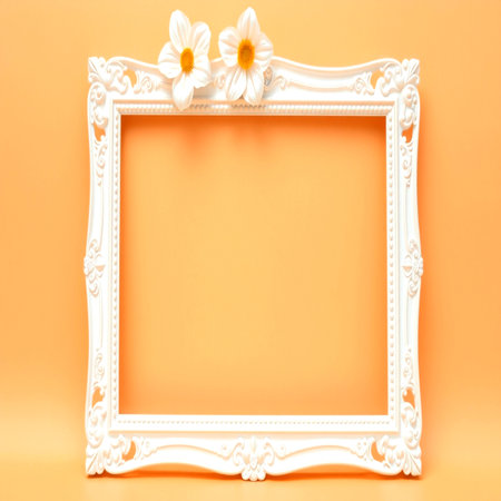White frame with flowers on orange background. Flat lay, top view.