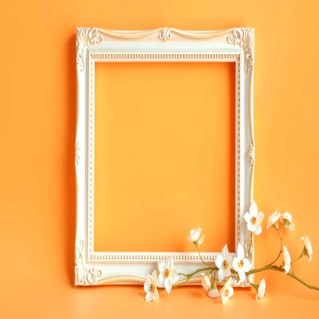 White frame with white flowers on orange background. Flat lay, top view.の写真素材