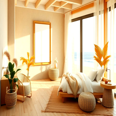 3d render of modern bedroom with sea view and wooden floor.の写真素材