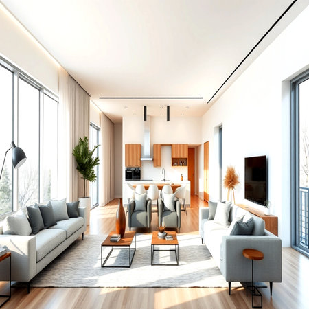 3d rendering of a modern living room with a large window.