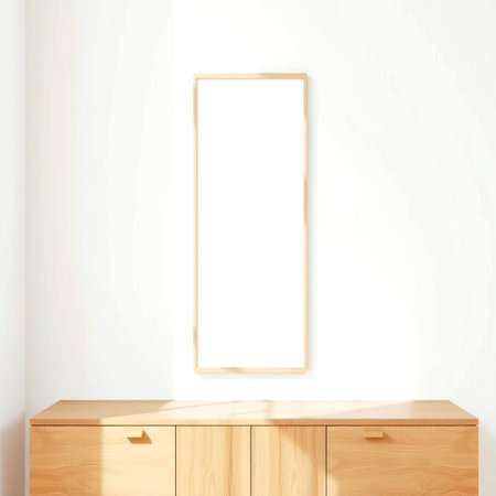 Wooden chest of drawers on a white wall. 3d rendering
