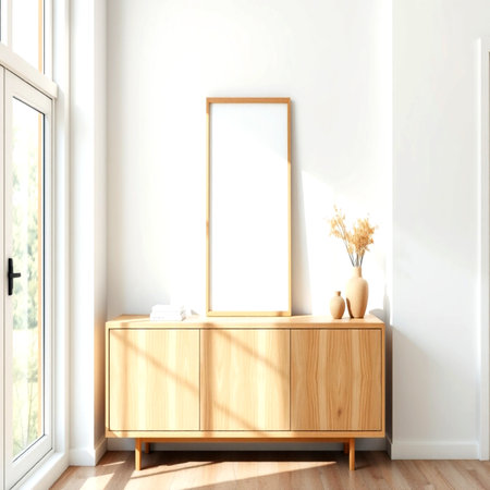 Interior of modern living room with white walls, wooden chest of drawers and mirror. 3d renderの写真素材