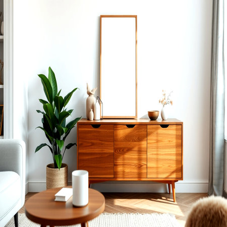 Interior of living room with wooden chest of drawers, coffee table and plants. 3d renderの写真素材