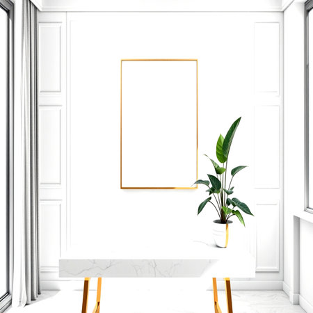 Golden frame mock up in modern interior background. 3d render illustrationの写真素材