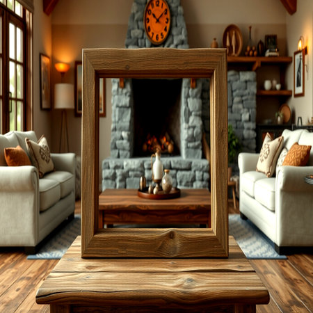 Wooden photo frame on table in living room. 3d renderingの写真素材