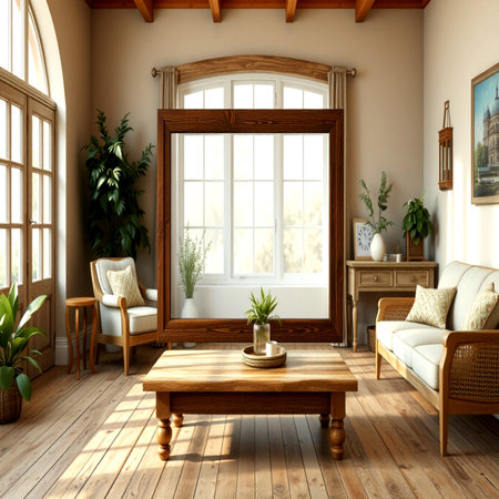 Interior of living room with wooden furniture and window. 3d renderの写真素材