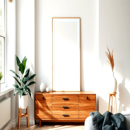 Mock up poster frame in interior background, Scandinavian style, 3D renderの写真素材