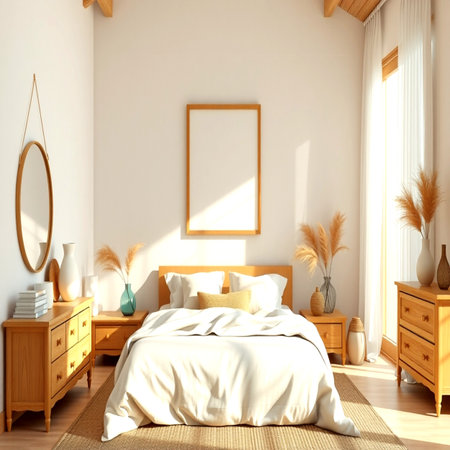 Mock up poster frame in bedroom interior background, 3D renderの写真素材