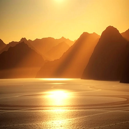 Beautiful sunset over the sea and mountains. 3d rendering.