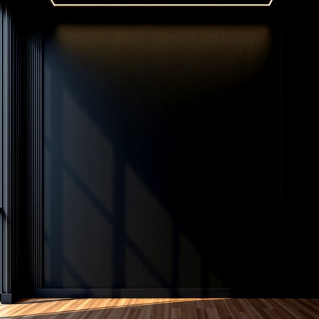 Empty room with black wall and wooden floor. 3D rendering.の写真素材