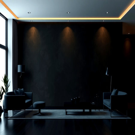 Modern black living room interior with black walls, concrete floor, black sofa and armchair. 3d...