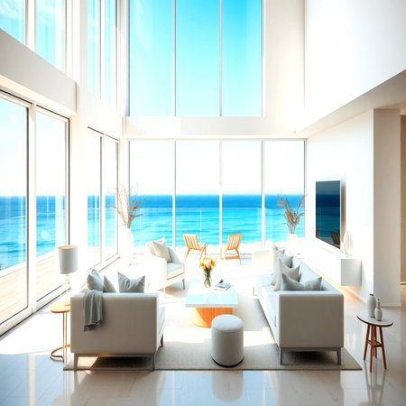 3d rendering of white living room with sea view from the windowの写真素材