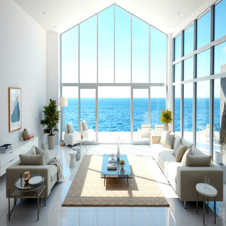 Interior of modern living room with sea view, 3d render