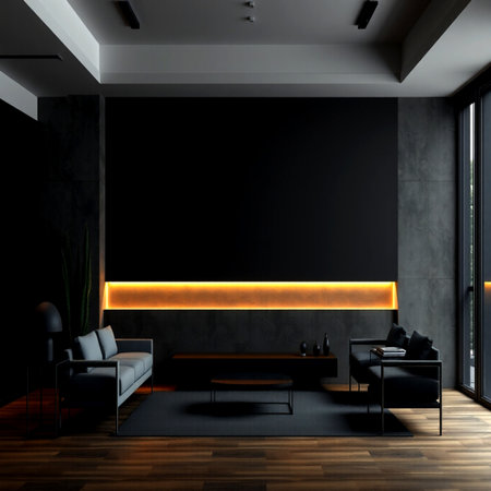 Interior of modern living room with black and white walls, wooden floor, black sofa and black coffee...