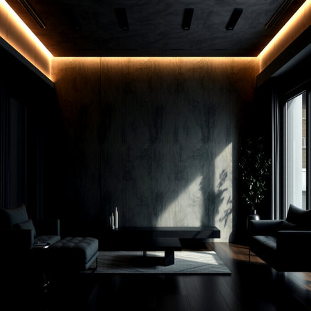Interior of modern living room with black sofa and wooden wall. 3d render