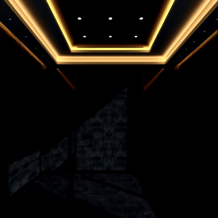 3d rendering of a modern interior design with a stage illuminated by yellow lights