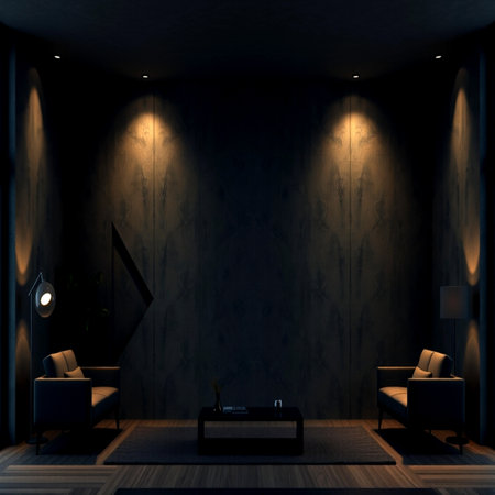 Interior of modern living room with dark wall, sofa and armchair. 3d rendering