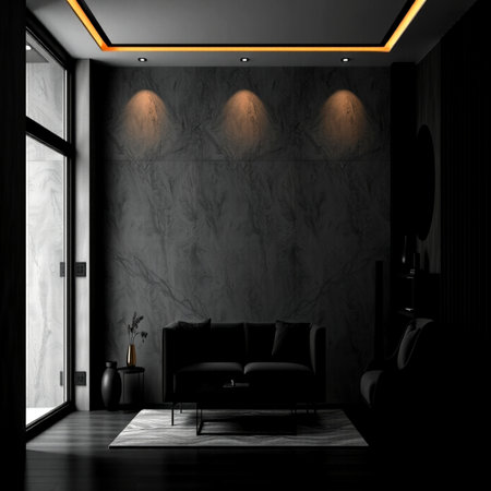 Modern black and white living room interior design with black armchair, carpet, floor lamp and...