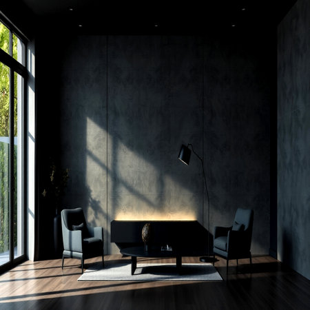Interior of modern living room with gray walls, wooden floor, black armchairs standing near the window. 3d renderingの写真素材