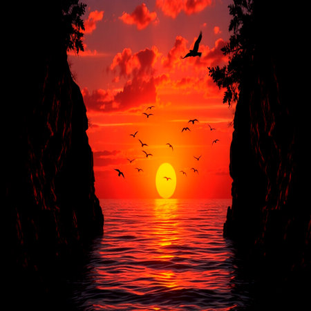 Sunset over the sea with seagulls on the rocksの写真素材