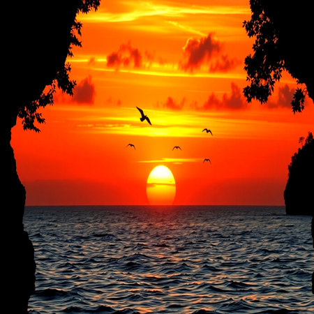 Sunset over the sea with flying seagulls and silhouettes of treesの写真素材