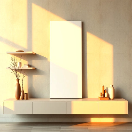 Interior of modern room with beige walls, wooden floor, white cupboard with vertical mock up poster frame, 3d renderの写真素材