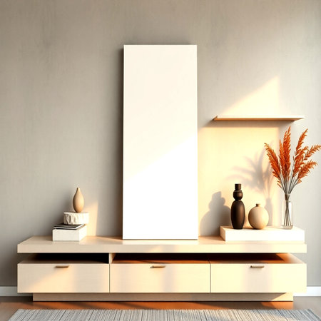 Interior of modern living room with white walls, tiled floor and chest of drawers.