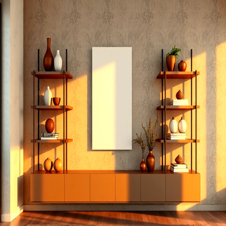Interior of modern living room with yellow walls, wooden floor, shelves with decorative vases and books. 3d renderの写真素材