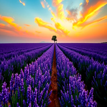 Lavender field at sunset in Provence, France.の写真素材