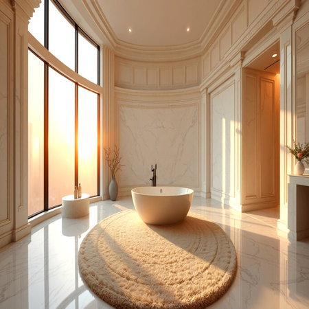 3d rendering luxury bathroom with white walls, concrete floor, comfortable bathtub and big window.の写真素材