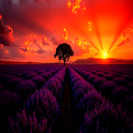 Beautiful sunset over lavender field with lonely tree and rays of lightの写真素材