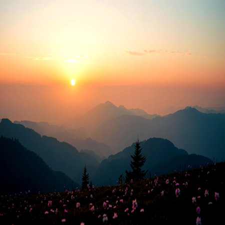 Beautiful sunrise in the mountains. Colorful summer landscape in the mountains.の写真素材