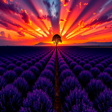 Sunset over lavender field in Provence, France.の写真素材